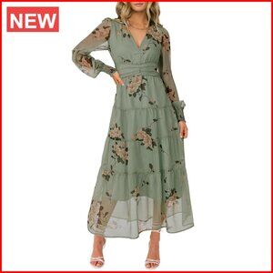 Long Sleeve Maxi Dress V Neck Chiffon Flowy Boho A-Line Wedding Guest